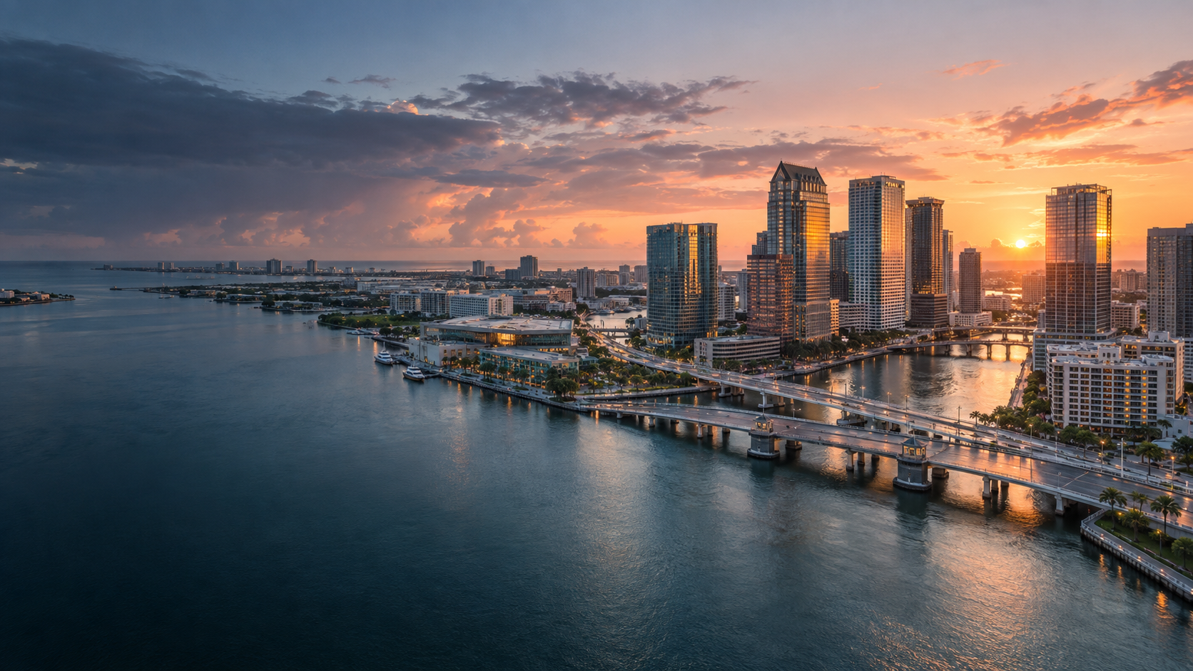Downtown Tampa skyline and waterfront at sunrise